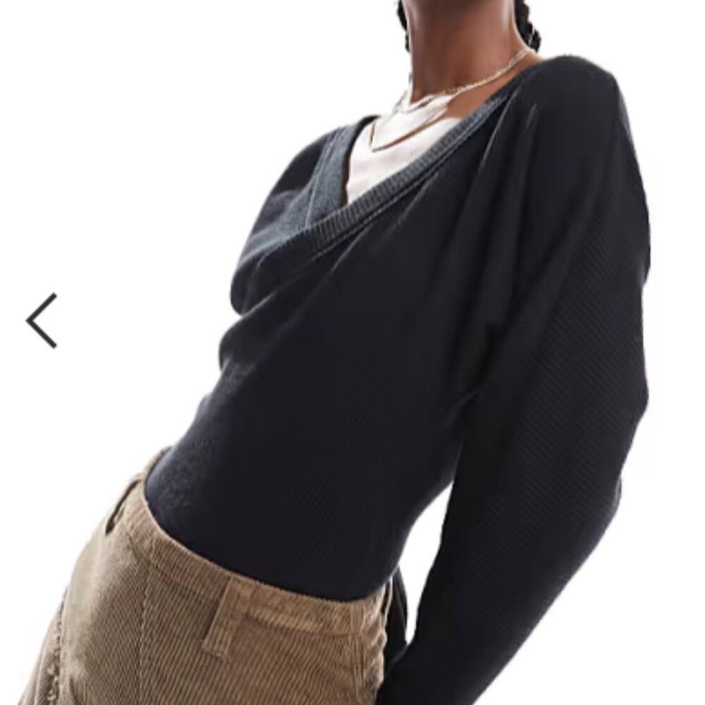 Ribbed wrap long sleeve bodysuit in black